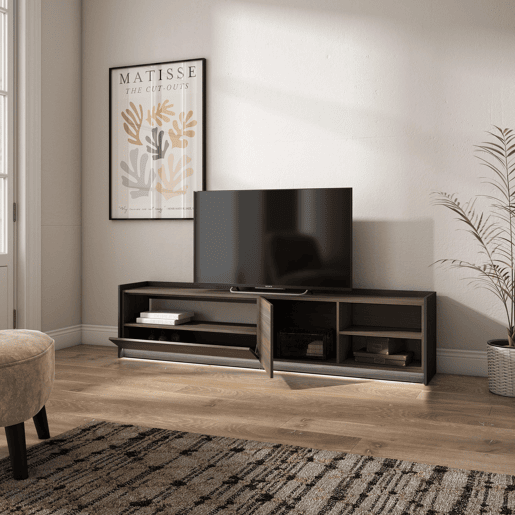 Móvel de TV, Muito espaço de arrumação, 207x37x50cm, Para televisores até 80, LED, Estilo moderno, Carvalho escuro e Preto