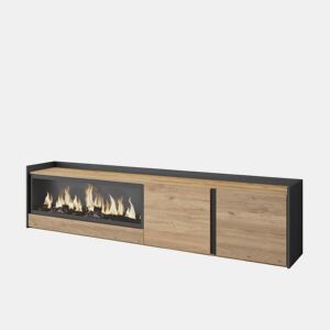 Móvel de TV, Muito espaço de arrumação, 212x35x50cm, Para televisores até 80, Lareira eléctrica XXL, Estilo moderno, Carvalho e preto