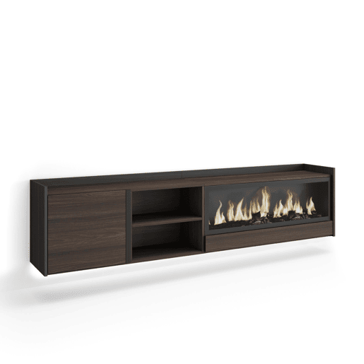 Móvel de TV, Muito espaço de arrumação, 212x35x50cm, Para televisores até 80, Lareira eléctrica XXL, Suspensos, LED, Estilo moderno, Carvalho escuro e Preto