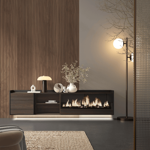 Móvel de TV, Muito espaço de arrumação, 212x35x50cm, Para televisores até 80, Lareira eléctrica XXL, Suspensos, LED, Estilo moderno, Carvalho escuro e Preto