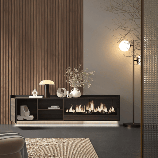 Móvel de TV, Muito espaço de arrumação, 212x35x50cm, Para televisores até 80, Lareira eléctrica XXL, Suspensos, LED, Estilo moderno, Carvalho escuro e Preto