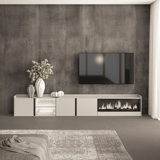 Móvel de TV, Muito espaço de arrumação, 315x35x50cm, Para televisores até 80, Lareira eléctrica XXL, LED, Estilo moderno, Bege