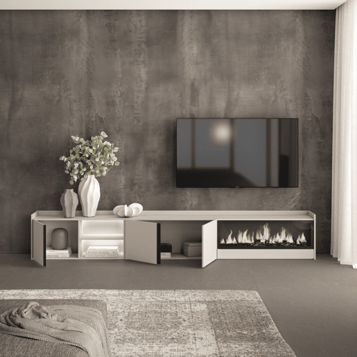 Móvel de TV, Muito espaço de arrumação, 315x35x50cm, Para televisores até 80, Lareira eléctrica XXL, LED, Estilo moderno, Bege