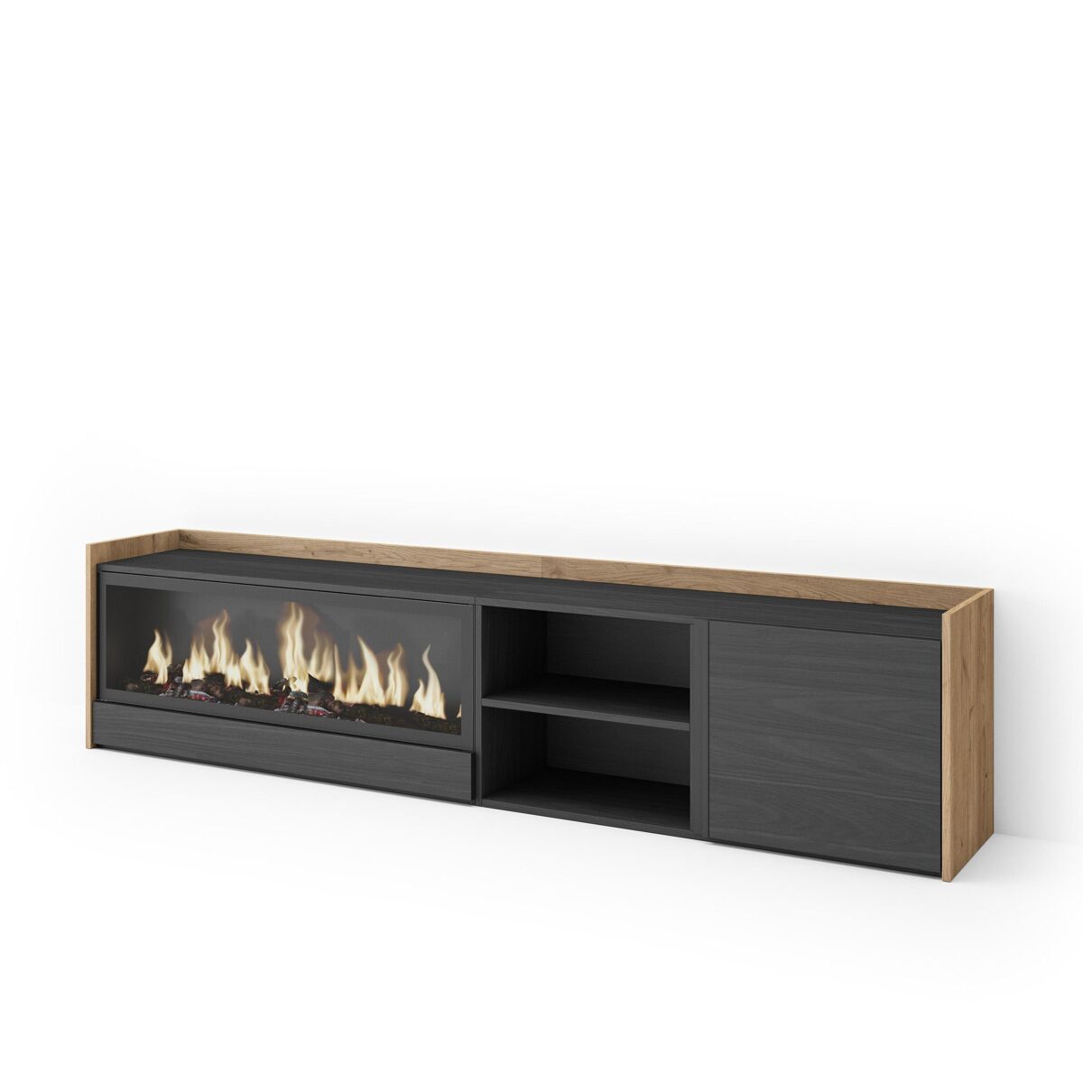mueble tv television muebles de salon almacenaje 212x35x50cm para tv hasta 80 chimenea electrica xxl estilo moderno negro y roble