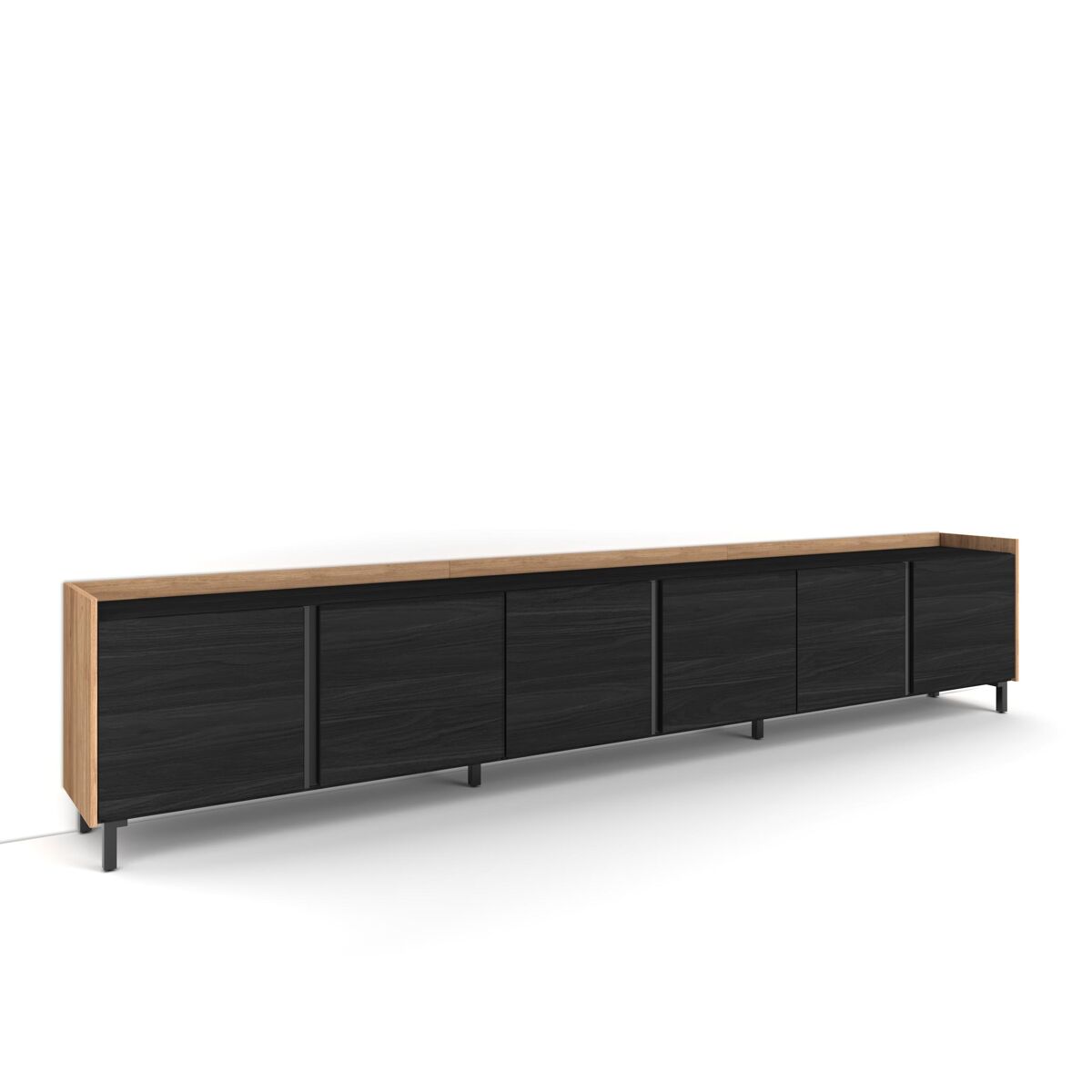 Mueble tv, televisión, muebles de salón, almacenaje, 309x35x61cm, para tv hasta 80", diseño industrial, estilo moderno, negro y roble