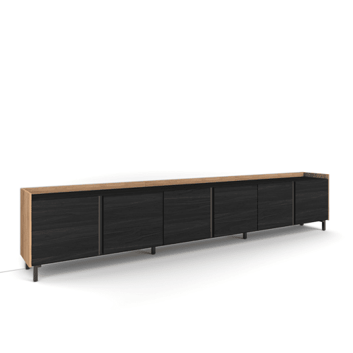 Móvel de TV, Muito espaço de arrumação, 309x35x61cm, Para televisores até 80, Design industrial, Estilo moderno, Preto e Carvalho