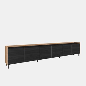 Móvel de TV, Muito espaço de arrumação, 309x35x61cm, Para televisores até 80, Design industrial, Estilo moderno, Preto e Carvalho