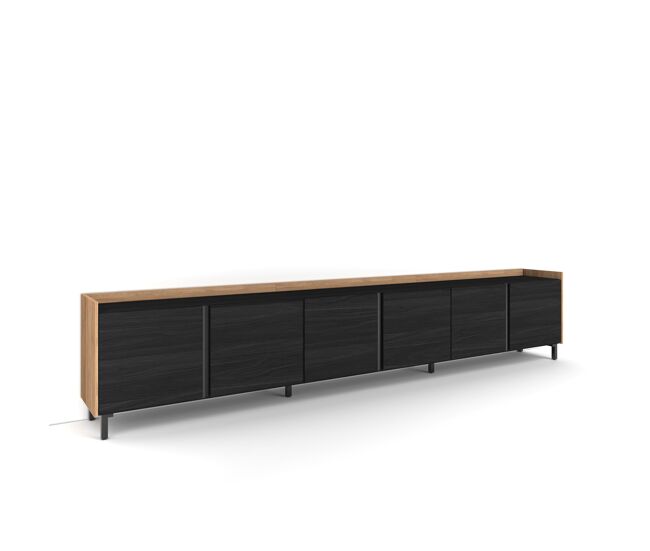 Mueble tv, televisión, muebles de salón, almacenaje, 309x35x61cm, para tv hasta 80", diseño industrial, estilo moderno, negro y roble