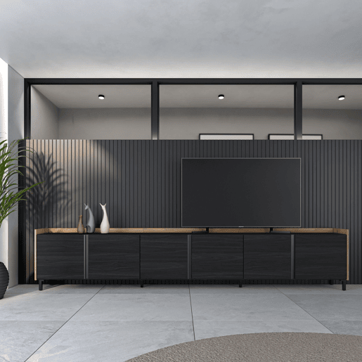 Móvel de TV, Muito espaço de arrumação, 309x35x61cm, Para televisores até 80, Design industrial, Estilo moderno, Preto e Carvalho