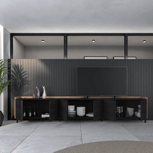 Móvel de TV, Muito espaço de arrumação, 309x35x61cm, Para televisores até 80, Design industrial, Estilo moderno, Preto e Carvalho