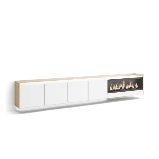 Móvel de TV, Muito espaço de arrumação, 315x35x50cm, Para televisores até 80, Lareira eléctrica XXL, Suspensos, LED, Estilo moderno, Branco e Carvalho soft