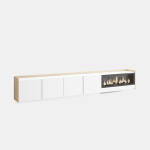Móvel de TV, Muito espaço de arrumação, 315x35x50cm, Para televisores até 80, Lareira eléctrica XXL, Suspensos, LED, Estilo moderno, Branco e Carvalho soft