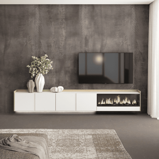 Móvel de TV, Muito espaço de arrumação, 315x35x50cm, Para televisores até 80, Lareira eléctrica XXL, Suspensos, LED, Estilo moderno, Branco e Carvalho soft