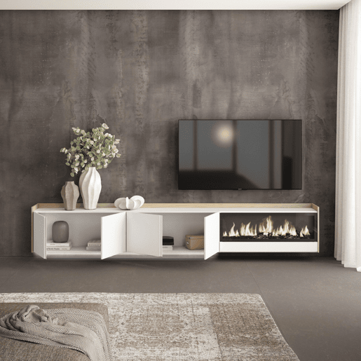 Móvel de TV, Muito espaço de arrumação, 315x35x50cm, Para televisores até 80, Lareira eléctrica XXL, Suspensos, LED, Estilo moderno, Branco e Carvalho soft