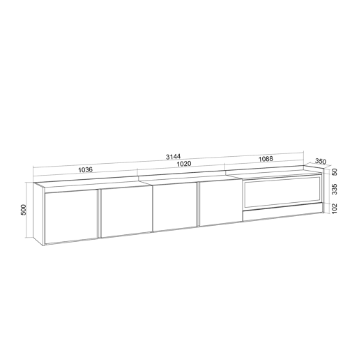 Móvel de TV, Muito espaço de arrumação, 315x35x50cm, Para televisores até 80, Lareira eléctrica XXL, Suspensos, LED, Estilo moderno, Branco e Carvalho soft