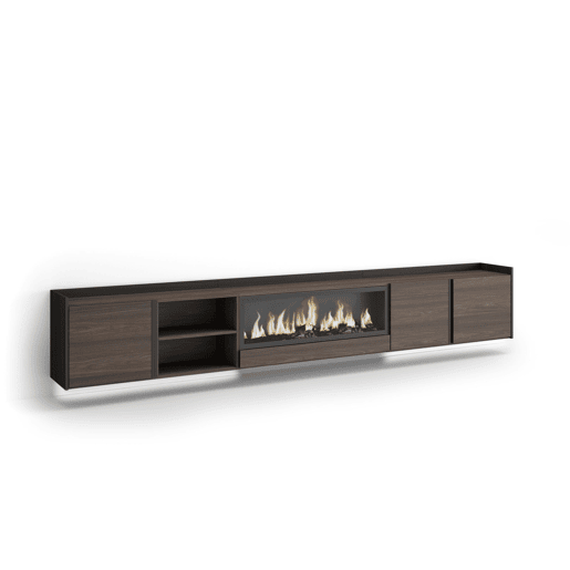 Móvel de TV, Muito espaço de arrumação, 315x35x50cm, Para televisores até 80, Lareira eléctrica XXL, Suspensos, LED, Estilo moderno, Carvalho escuro e Preto Móvel de TV, Muito espaço de arrumação, 315x35x50cm, Para televisores até 80, Lareira eléctrica XXL, Suspensos, LED, Estilo moderno, Carvalho escuro e Preto