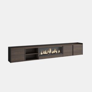 Móvel de TV, Muito espaço de arrumação, 315x35x50cm, Para televisores até 80, Lareira eléctrica XXL, Suspensos, LED, Estilo moderno, Carvalho escuro e Preto