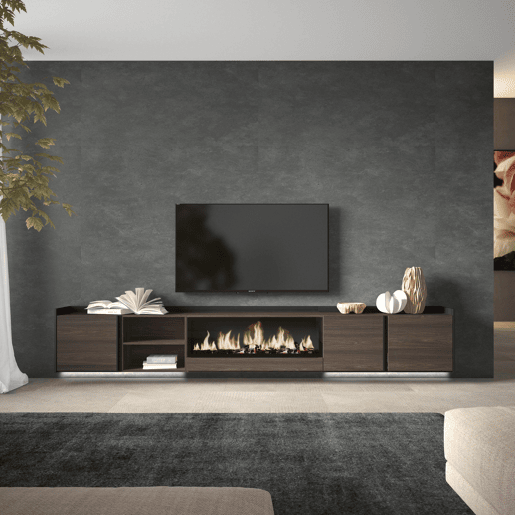 Móvel de TV, Muito espaço de arrumação, 315x35x50cm, Para televisores até 80, Lareira eléctrica XXL, Suspensos, LED, Estilo moderno, Carvalho escuro e Preto Móvel de TV, Muito espaço de arrumação, 315x35x50cm, Para televisores até 80, Lareira eléctrica XXL, Suspensos, LED, Estilo moderno, Carvalho escuro e Preto