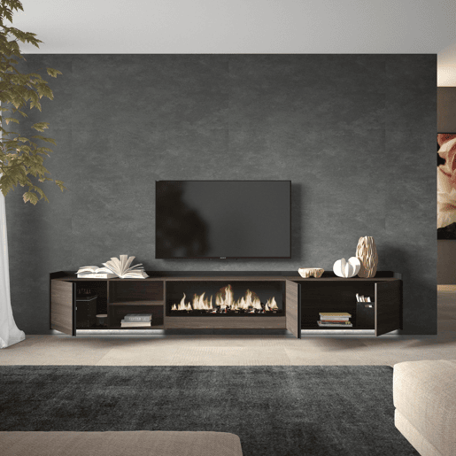 Móvel de TV, Muito espaço de arrumação, 315x35x50cm, Para televisores até 80, Lareira eléctrica XXL, Suspensos, LED, Estilo moderno, Carvalho escuro e Preto Móvel de TV, Muito espaço de arrumação, 315x35x50cm, Para televisores até 80, Lareira eléctrica XXL, Suspensos, LED, Estilo moderno, Carvalho escuro e Preto