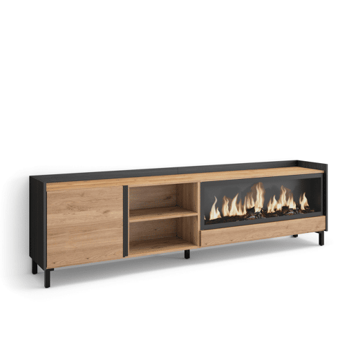Móvel de TV, Muito espaço de arrumação, 212x35x61cm, Para televisores até 80, Lareira eléctrica XXL, Design industrial, Estilo moderno, Carvalho e preto