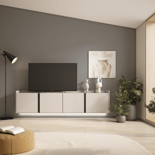 Móvel de TV, Muito espaço de arrumação, 207x35x50cm, Para televisores até 80, Suspensos, LED, Estilo moderno, Bege Móvel de TV, Muito espaço de arrumação, 207x35x50cm, Para televisores até 80, Suspensos, LED, Estilo moderno, Bege