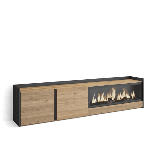 Móvel de TV, Muito espaço de arrumação, 212x35x50cm, Para televisores até 80, Lareira eléctrica XXL, Estilo moderno, Carvalho e preto Móvel de TV, Muito espaço de arrumação, 212x35x50cm, Para televisores até 80, Lareira eléctrica XXL, Estilo moderno, Carvalho e preto