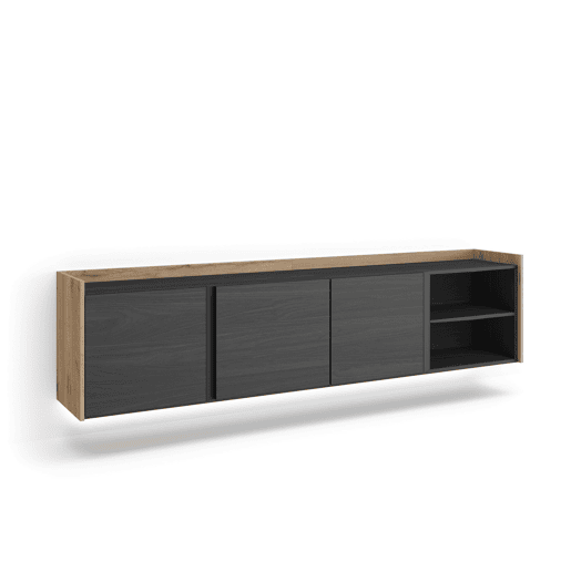 Móvel de TV, Muito espaço de arrumação, 207x35x50cm, Para televisores até 80, Suspensos, LED, Estilo moderno, Preto e Carvalho Móvel de TV, Muito espaço de arrumação, 207x35x50cm, Para televisores até 80, Suspensos, LED, Estilo moderno, Preto e Carvalho