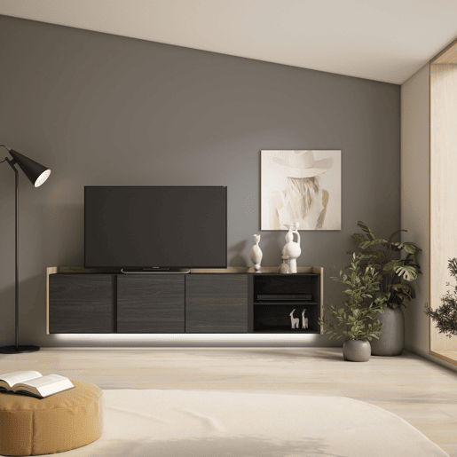 Móvel de TV, Muito espaço de arrumação, 207x35x50cm, Para televisores até 80, Suspensos, LED, Estilo moderno, Preto e Carvalho Móvel de TV, Muito espaço de arrumação, 207x35x50cm, Para televisores até 80, Suspensos, LED, Estilo moderno, Preto e Carvalho