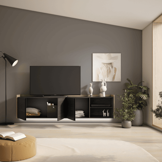 Móvel de TV, Muito espaço de arrumação, 207x35x50cm, Para televisores até 80, Suspensos, LED, Estilo moderno, Preto e Carvalho Móvel de TV, Muito espaço de arrumação, 207x35x50cm, Para televisores até 80, Suspensos, LED, Estilo moderno, Preto e Carvalho