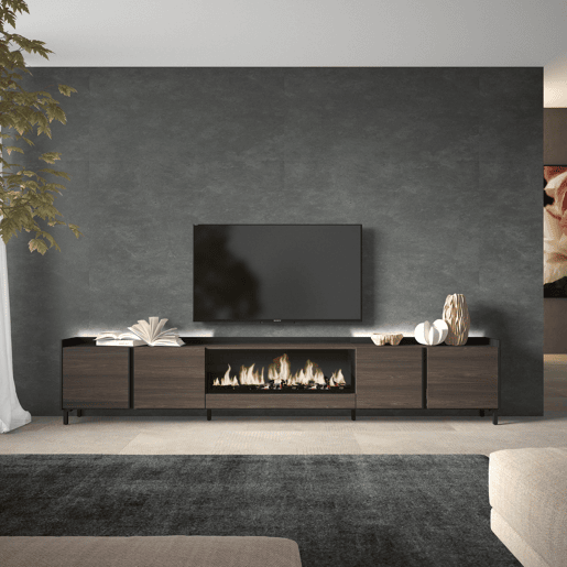 Móvel de TV, Muito espaço de arrumação, 315x35x61cm, Para televisores até 80, Lareira eléctrica XXL, Design industrial, LED, Estilo moderno, Carvalho escuro e Preto