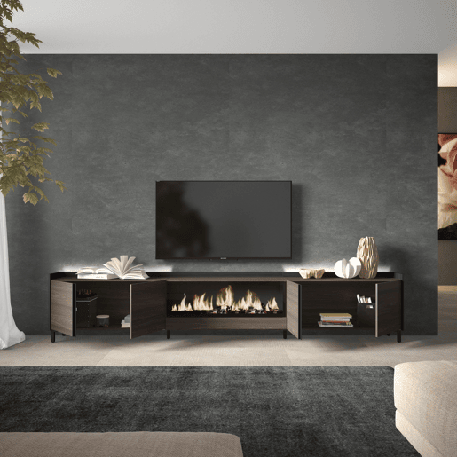 Móvel de TV, Muito espaço de arrumação, 315x35x61cm, Para televisores até 80, Lareira eléctrica XXL, Design industrial, LED, Estilo moderno, Carvalho escuro e Preto