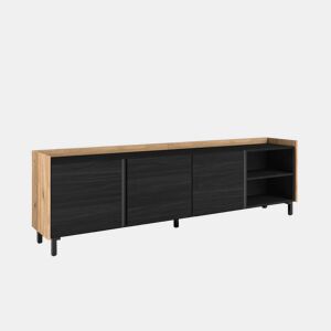 Móvel de TV, Muito espaço de arrumação, 207x35x61cm, Para televisores até 80, Design industrial, Estilo moderno, Preto e Carvalho