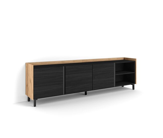 Mueble tv, televisión, muebles de salón, almacenaje, 207x35x61cm, para tv hasta 80", diseño industrial, estilo moderno, negro y roble