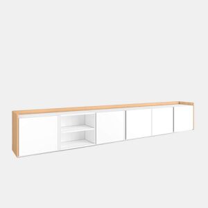 Móvel de TV, Muito espaço de arrumação, 309x35x50cm, Para televisores até 80, Suspensos, Estilo moderno, Branco e Carvalho soft