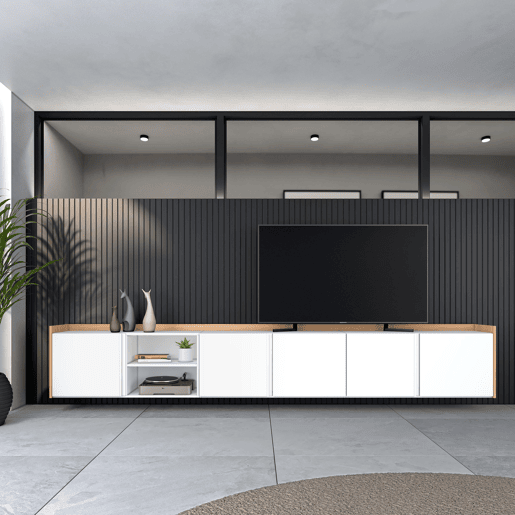 Móvel de TV, Muito espaço de arrumação, 309x35x50cm, Para televisores até 80, Suspensos, Estilo moderno, Branco e Carvalho soft Móvel de TV, Muito espaço de arrumação, 309x35x50cm, Para televisores até 80, Suspensos, Estilo moderno, Branco e Carvalho soft