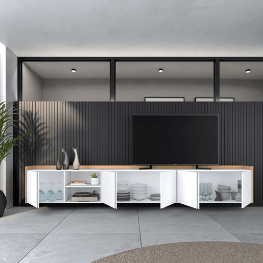 Móvel de TV, Muito espaço de arrumação, 309x35x50cm, Para televisores até 80, Suspensos, Estilo moderno, Branco e Carvalho soft Móvel de TV, Muito espaço de arrumação, 309x35x50cm, Para televisores até 80, Suspensos, Estilo moderno, Branco e Carvalho soft