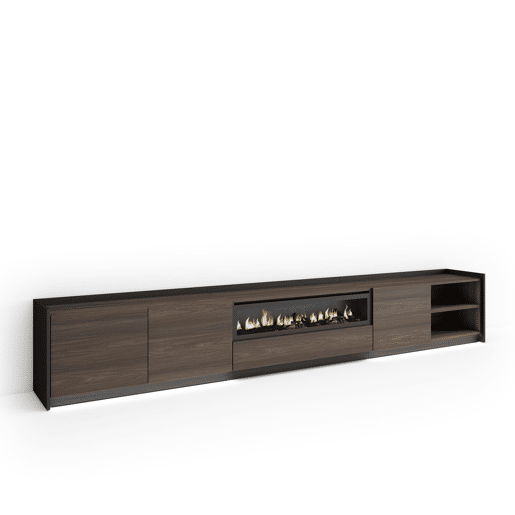 Móvel de TV, Muito espaço de arrumação, 310x37x50cm, Para televisores até 80, Lareira eléctrica, LED, Estilo moderno, Carvalho escuro e Preto