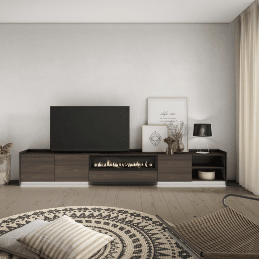 Móvel de TV, Muito espaço de arrumação, 310x37x50cm, Para televisores até 80, Lareira eléctrica, LED, Estilo moderno, Carvalho escuro e Preto
