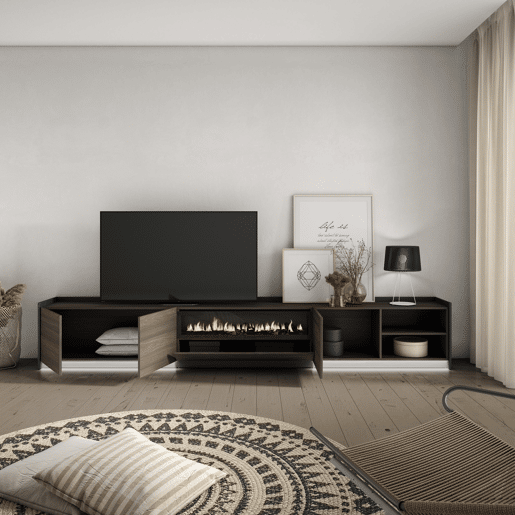 Móvel de TV, Muito espaço de arrumação, 310x37x50cm, Para televisores até 80, Lareira eléctrica, LED, Estilo moderno, Carvalho escuro e Preto
