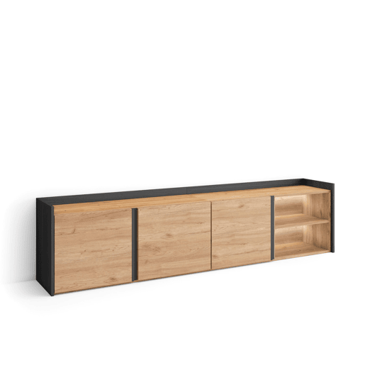 Móvel de TV, Muito espaço de arrumação, 207x35x50cm, Para televisores até 80, LED, Estilo moderno, Carvalho e preto