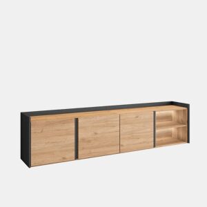 Móvel de TV, Muito espaço de arrumação, 207x35x50cm, Para televisores até 80, LED, Estilo moderno, Carvalho e preto