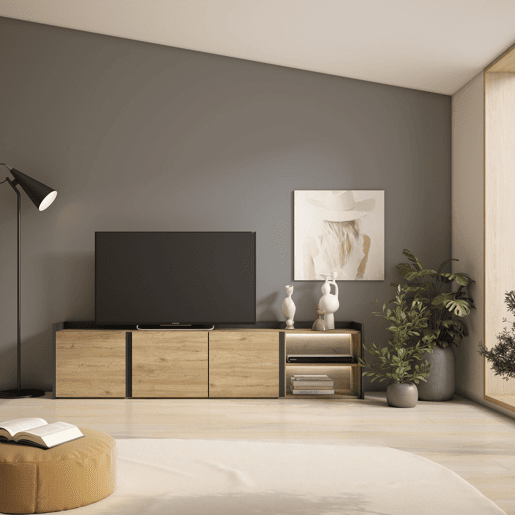 Móvel de TV, Muito espaço de arrumação, 207x35x50cm, Para televisores até 80, LED, Estilo moderno, Carvalho e preto