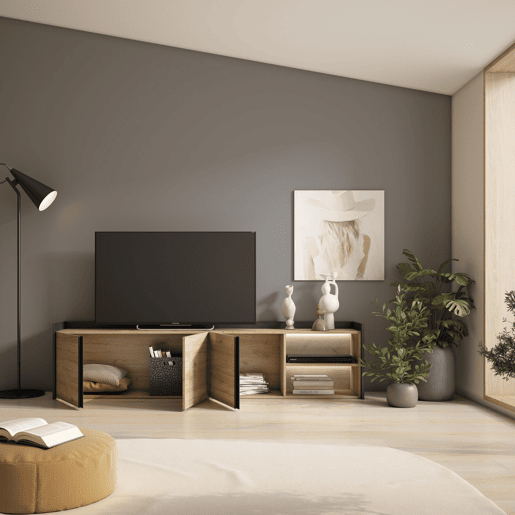 Móvel de TV, Muito espaço de arrumação, 207x35x50cm, Para televisores até 80, LED, Estilo moderno, Carvalho e preto