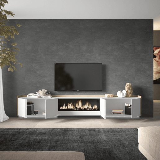 Móvel de TV, Muito espaço de arrumação, 315x35x50cm, Para televisores até 80, Lareira eléctrica XXL, Suspensos, LED, Estilo moderno, Branco e Carvalho soft