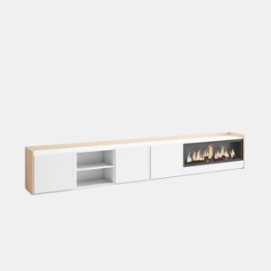 Móvel de TV, Muito espaço de arrumação, 315x35x50cm, Para televisores até 80, Lareira eléctrica XXL, Estilo moderno, Branco e Carvalho soft