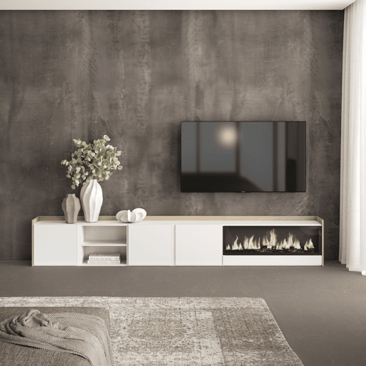 Móvel de TV, Muito espaço de arrumação, 315x35x50cm, Para televisores até 80, Lareira eléctrica XXL, Estilo moderno, Branco e Carvalho soft