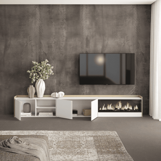 Móvel de TV, Muito espaço de arrumação, 315x35x50cm, Para televisores até 80, Lareira eléctrica XXL, Estilo moderno, Branco e Carvalho soft