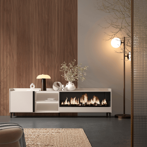 Móvel de TV, Muito espaço de arrumação, 212x35x61cm, Para televisores até 80, Lareira eléctrica XXL, Design industrial, LED, Estilo moderno, Bege