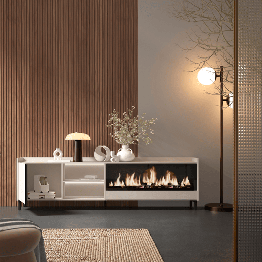 Móvel de TV, Muito espaço de arrumação, 212x35x61cm, Para televisores até 80, Lareira eléctrica XXL, Design industrial, LED, Estilo moderno, Bege