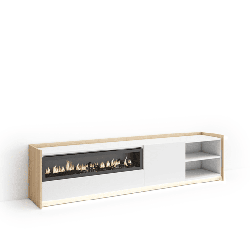 Móvel de TV, Muito espaço de arrumação, 207x37x50cm, Para televisores até 80, Lareira eléctrica, LED, Estilo moderno, Branco e Carvalho soft Móvel de TV, Muito espaço de arrumação, 207x37x50cm, Para televisores até 80, Lareira eléctrica, LED, Estilo moderno, Branco e Carvalho soft